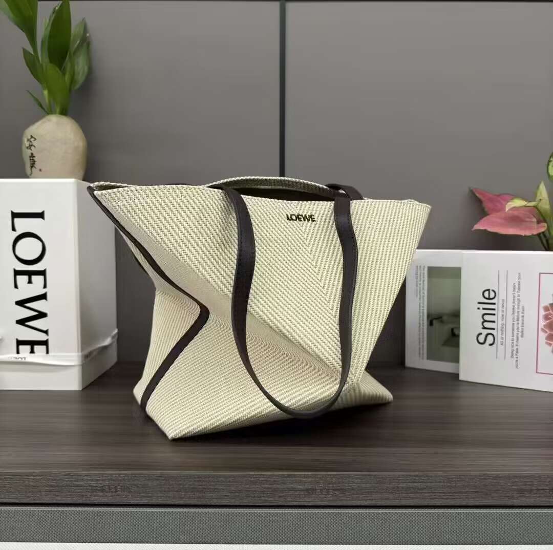 L0ew* puzzle fold leather-trimmed canvas tote-25.5*14.5*31.5cm
