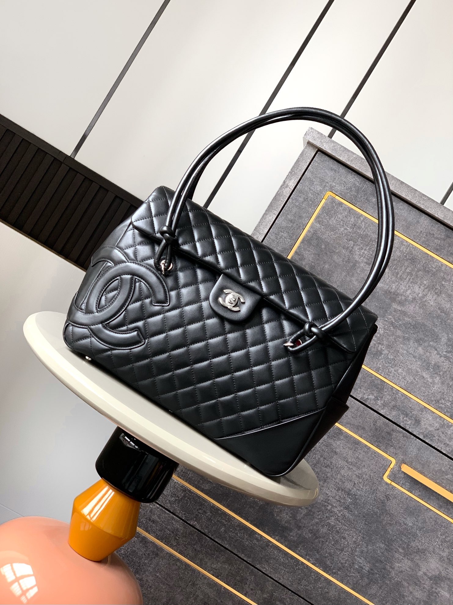 Ch@nel Black Quilted Cambon Ligne Large Flap Tote-33x24x11CM