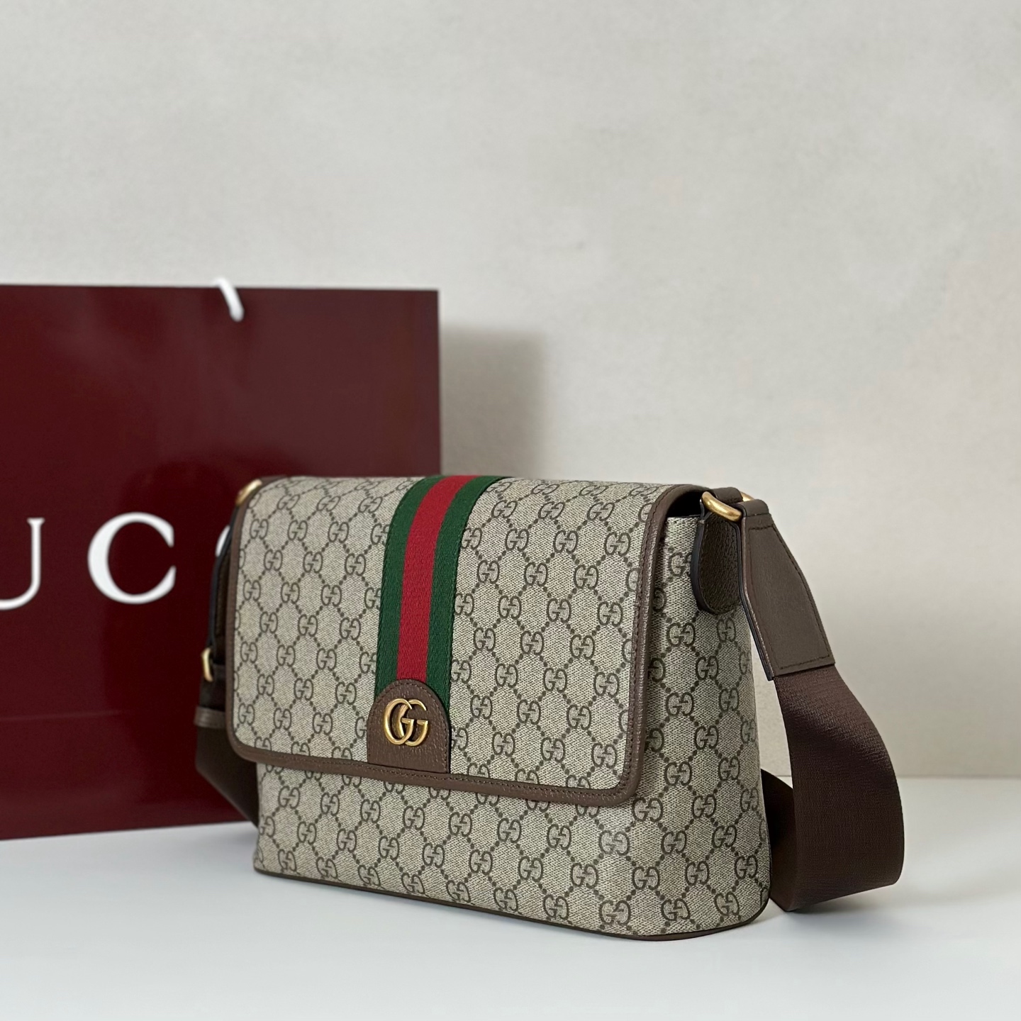 Gv*c*i Ophidia Medium Messenger Bag In Beige And Dark Brown -29.5*20*8CM