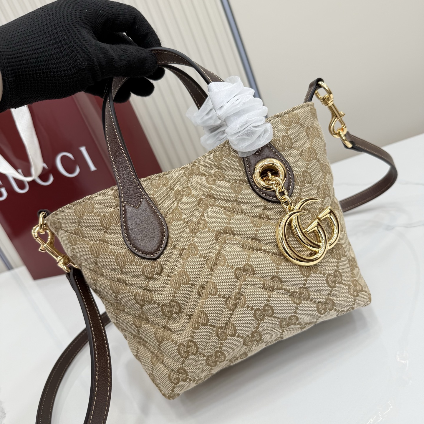 Gv*c* GG Marmont Small Tote Bag in Sand And Brown GG Canvas-17*5*17*12.5CM