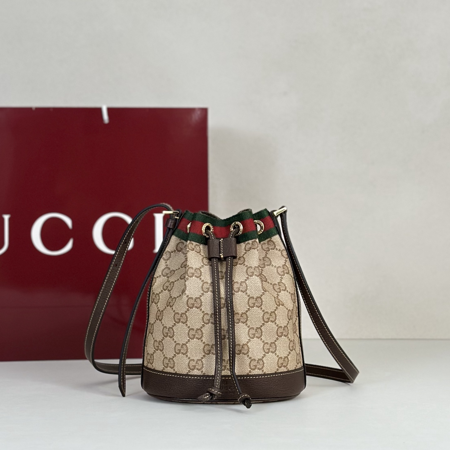 Guc*ci Venice Mini Bucket Bag In Sand And Brown GG Canvas-15.5*19.5*10.5CM